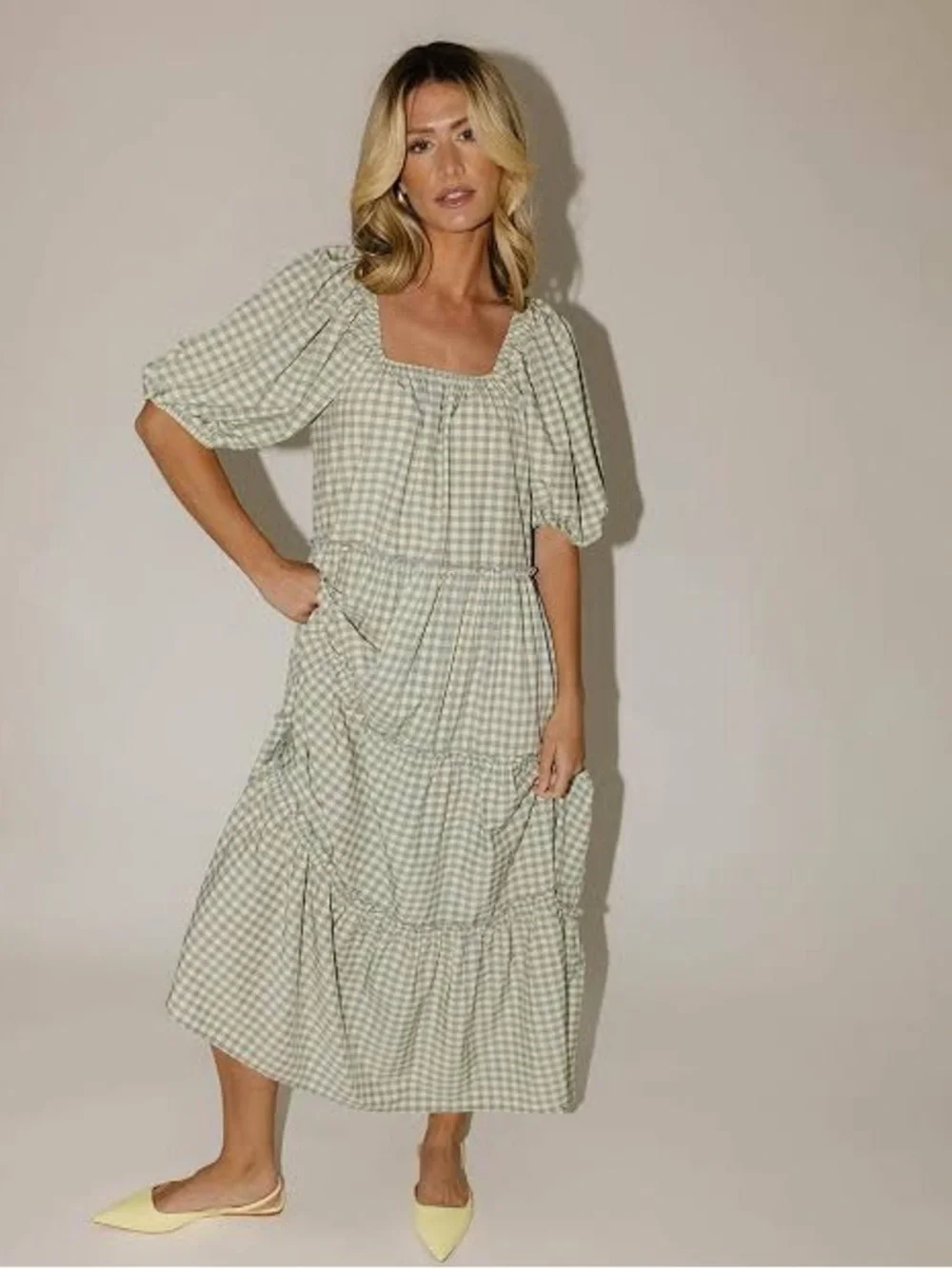 Zoco Puff Sleeve Tiered Maxi Dress Blue & Yellow Gingham Medium Never worn - Picture 1 of 5